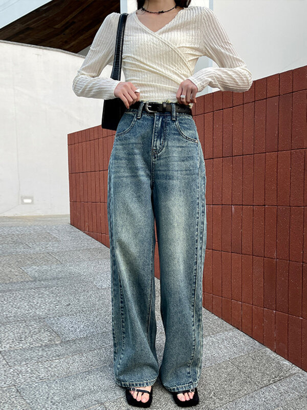Bjtz vielseitig, lässig, Retro-Design mit Quasten, geradem Bein, locker sitzende Jeans mit weitem Bein für Frauen 2024 neue trend ige hl551