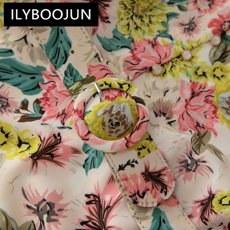 ILYBOOJUN Fashion Women's Shirt Collar Lantern Half -Sleeved Single-Breasted Lace-Up Printed Beaded MIDI Dress