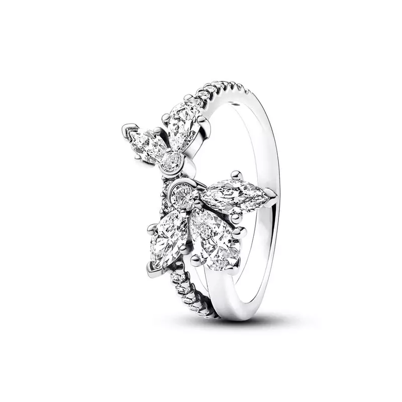 Autentico anello in argento Sterling 925 scintillante asimmetrico con fascia a grappolo di erbario per gioielli di moda regalo da donna