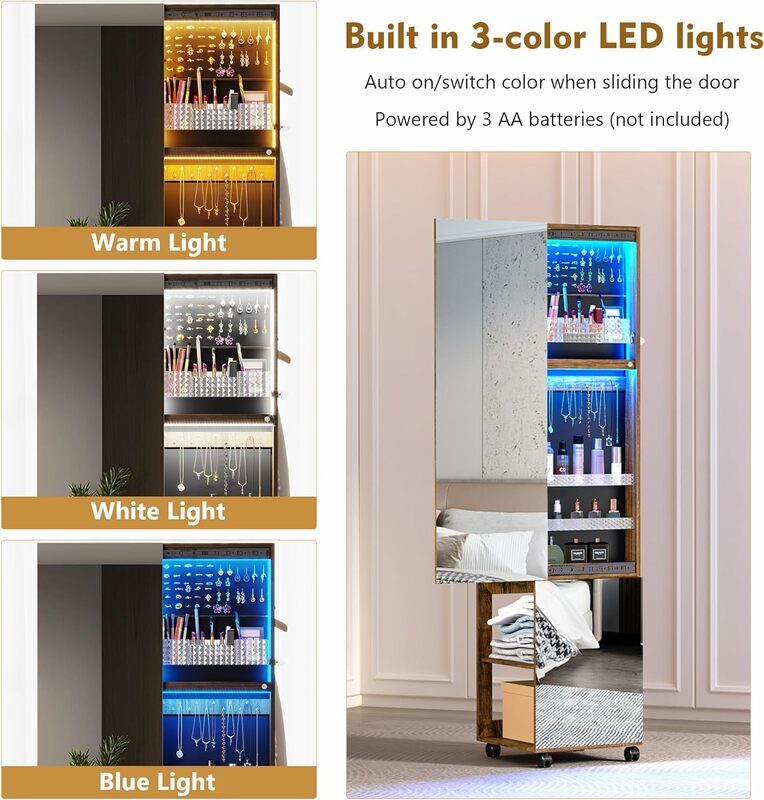 ジュエリーarmoireミラーオーガナイザー、高さ360度回転、高さ63インチ、3色調光可能LEDライト、リア収納棚