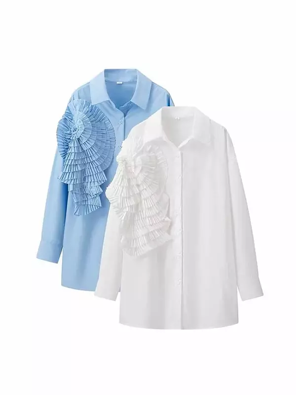 Camisa casual retrô de mangas compridas feminina em camadas, decorada com flores, lapela solta, botão para cima, blusa chique, nova moda, 2024