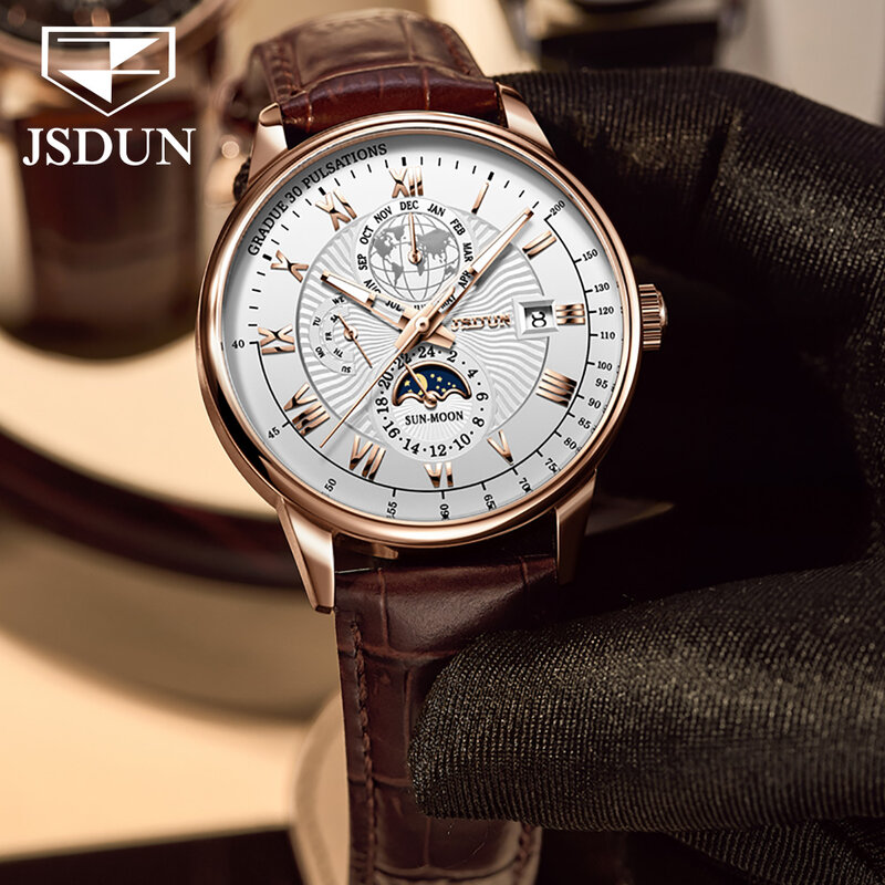 Jsdun-メンズ高級機械式時計,トップブランド,ビジネス,発光,レザーストラップ,防水,モonswatch 8909