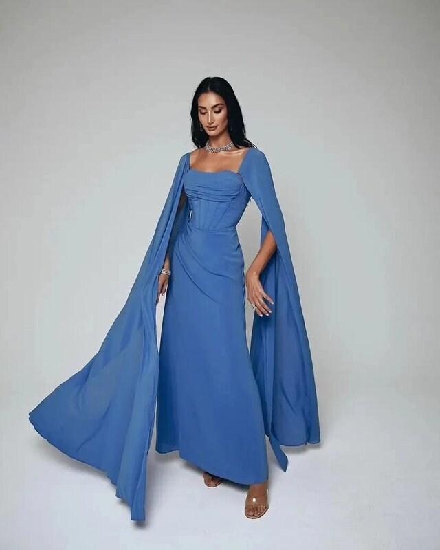 Simple A-line Evening Dresses Chiffon Exquisite Blue Off-the-shoulder Custom Prom Dresses Formal Occasion Wedding Party Gowns