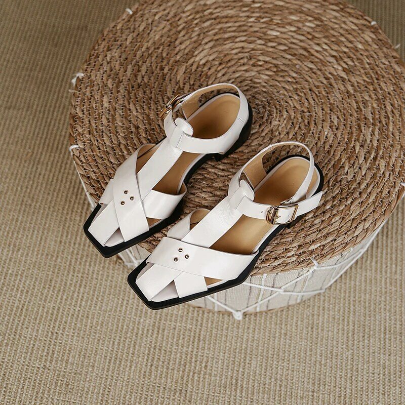 Sandalias de cuero natural para mujer, zapatos de piel de vaca + piel de cerdo, Estilo Vintage, cruzados, 22-25cm, novedad de verano, 2023