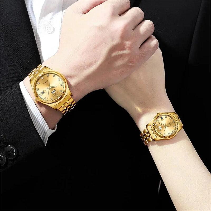 Chenxi 커플 럭셔리 쿼츠 골든 스테인레스 스틸 방수 시계, 여성 및 남성용 선물, 패션 최고 브랜드, 8204a