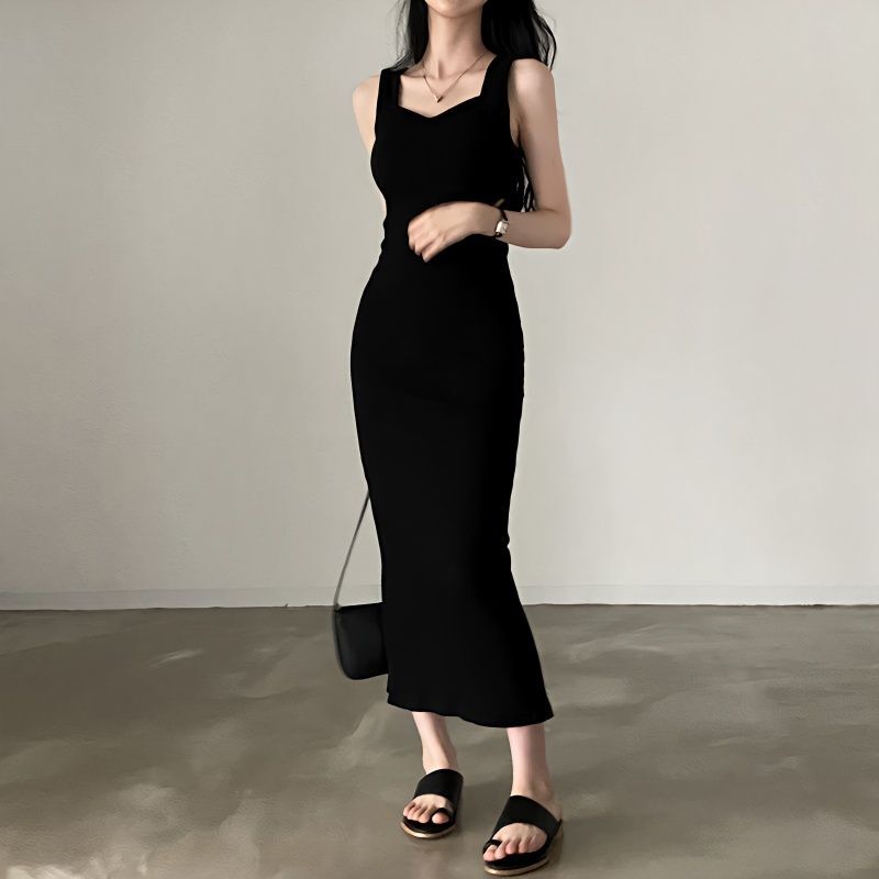 HOUZHOU hitam elegan gaun Midi wanita Bodycon seksi tanpa lengan Vintage gaya Korea musim panas kasual gaun rajut panjang sedang