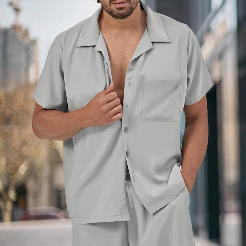 Shirt Shorts Set Men's Summer Outfit Lapel Shirt Elastic Waist Shorts Set for Leisure Sports Short Sleeve Patch Pocket Single