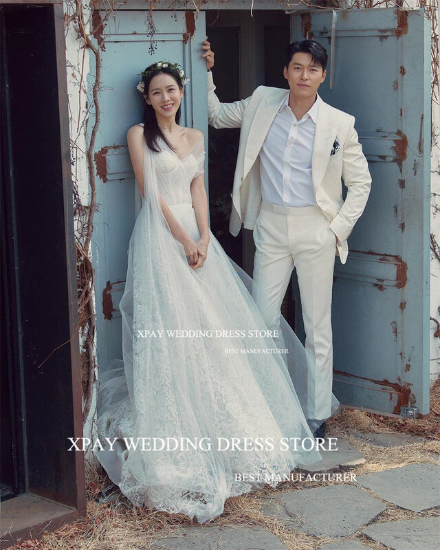 XPAY принцесса милое корейское свадебное платье с открытыми плечами с открытой спиной для фотосъемки в пол кружевное Тюлевое индивидуальное свадебное платье
