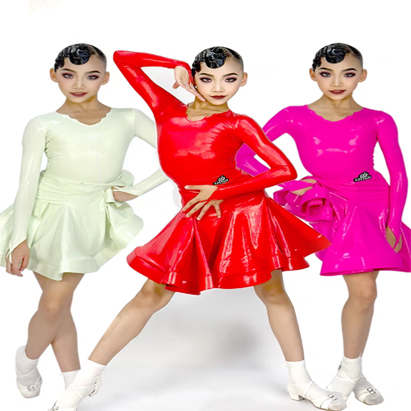 Vestido de baile latino de manga larga de cuero brillante para niños, ropa de rendimiento de baile de salón, vestidos de fiesta para niñas, 9 colores