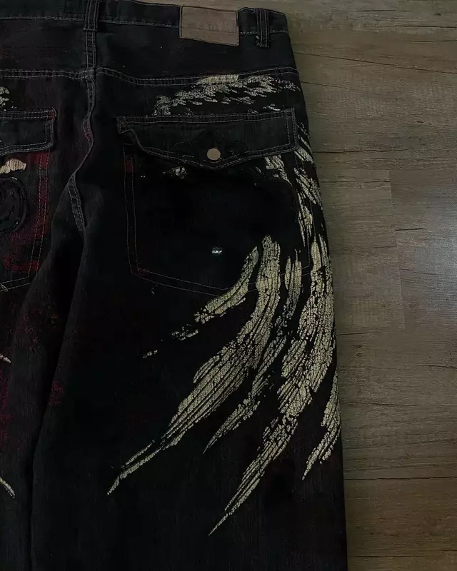 Джинсы Y2K в стиле Харадзюку, уличные мешковатые джинсы в стиле ретро, с вышивкой в виде крыльев, в стиле хип-хоп, брюки с завышенной талией в готическом стиле, широкие штаны