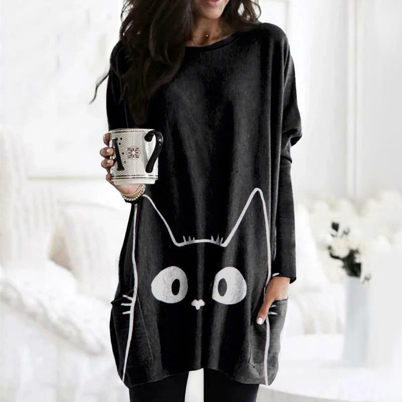 Sudadera larga sin capucha con estampado 3D, ropa Harajuku Y2K con patrón de gato negro para Halloween, otoño e invierno, 2022