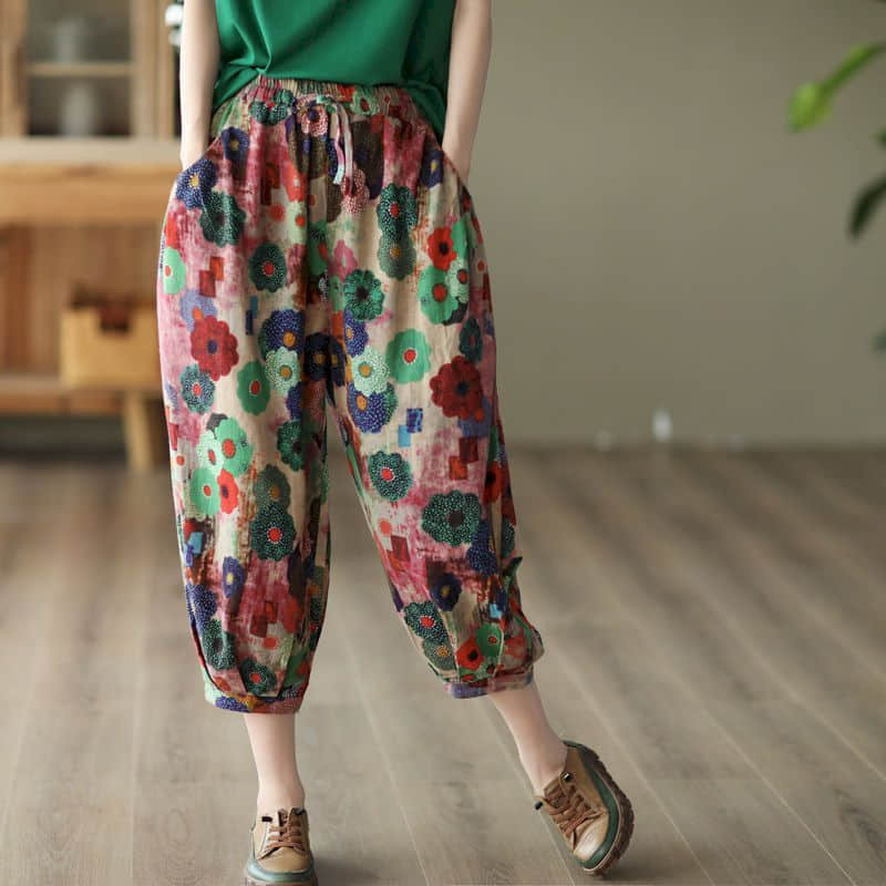 Pantalones de lino y algodón con estampado Floral para mujer, ropa Vintage informal holgada con cintura elástica, pantalones Harem de moda coreana