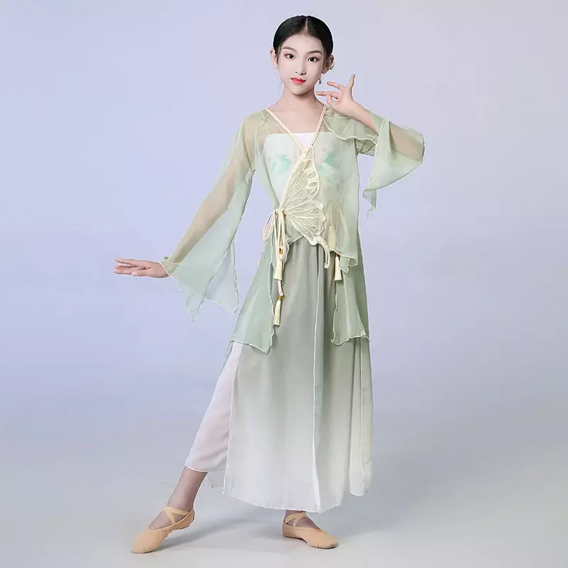 Vêtements de danse classique pour filles, Saree flottant en mousseline de soie, vêtements d'entraînement de danse chinoise, costume de performance de danse d'éventail ethnique