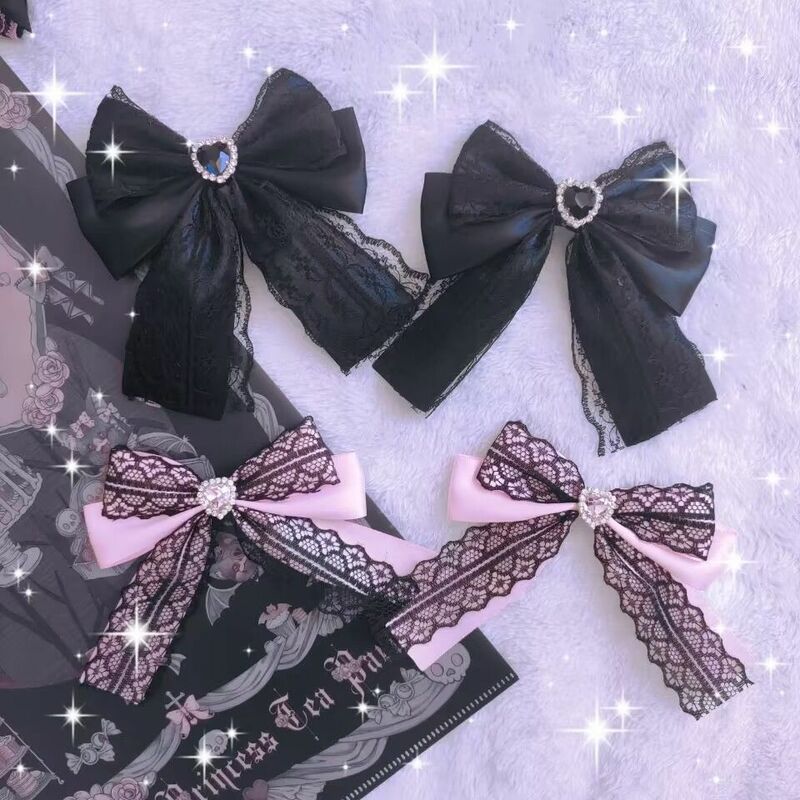 Gotycka loilta spinka do włosów czarna z różową kokardką koronkowa koronka rhinestone słodkie fajne akcesoria do włosów Lolita akcesoria anime
