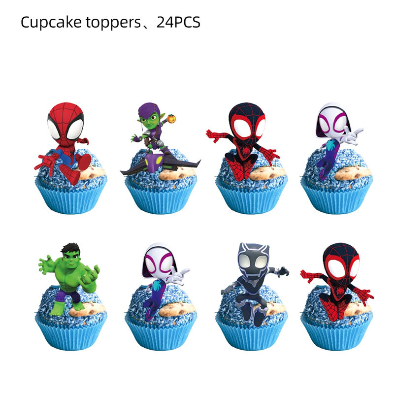スーパーヒーロースパイダーマンケーキデコレーション、アベンジャーズカップケーキトッパー、男の子、子供の誕生日パーティー用品、赤ちゃん、24個