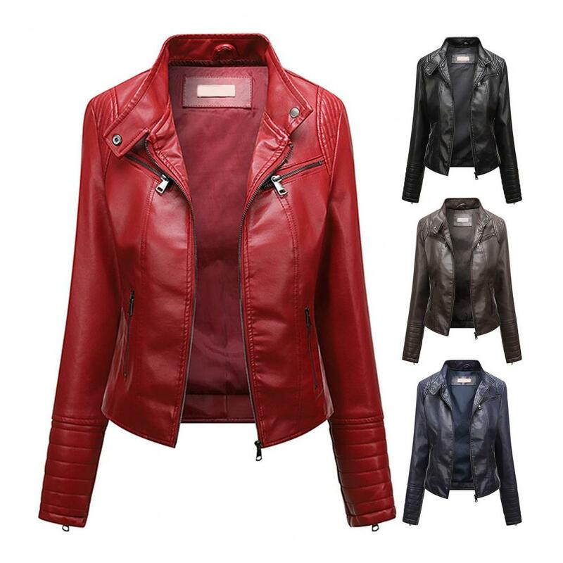 Jaqueta de motociclista de couro falso com gola para mulheres, jaqueta artificial, slim fit, elegante