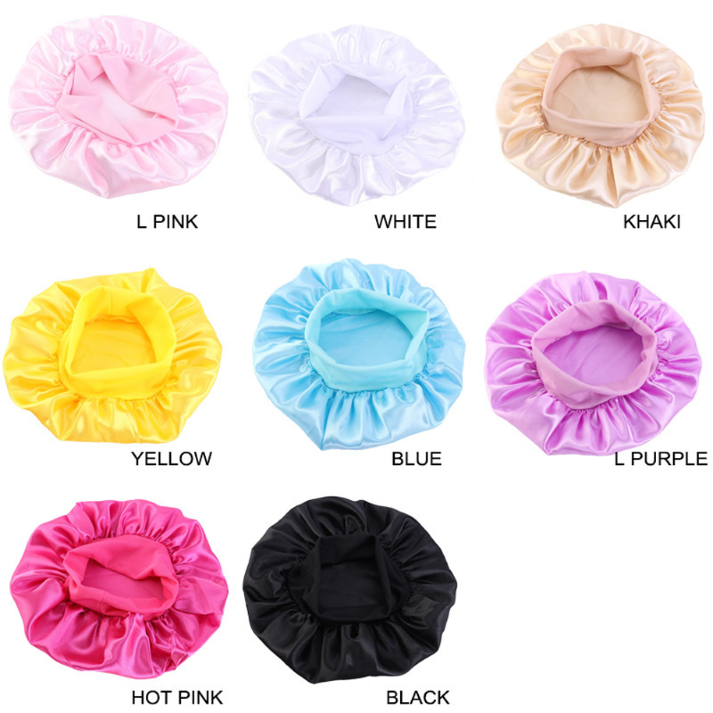8 Colors Kids Girls Boys Silky Satin Bonnet Cap Turban Hat Wide Elastic Bands Night Sleep Cap