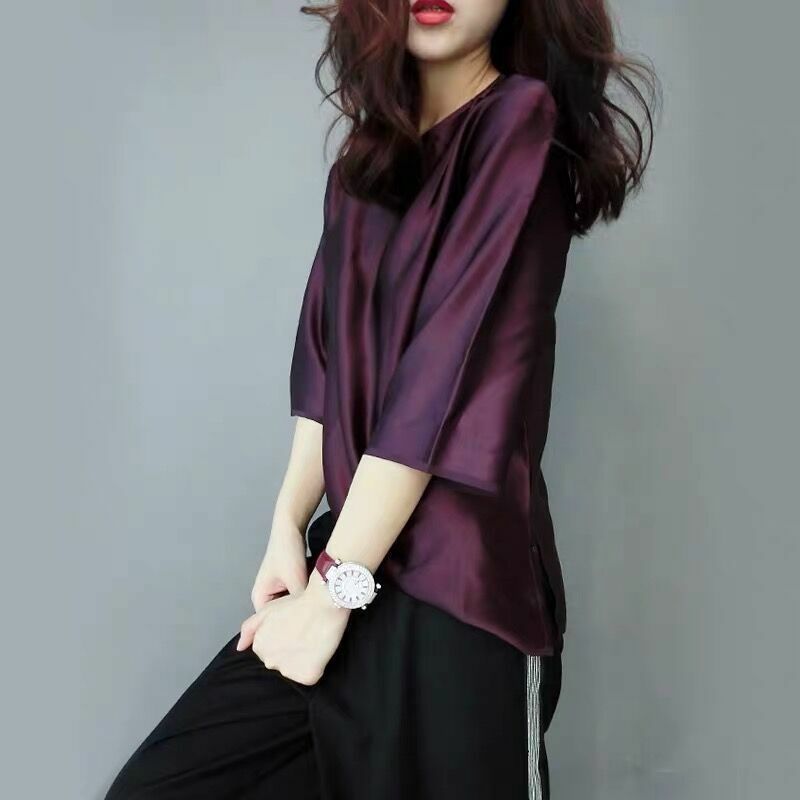 Elegant O-Neck Solid Color 3/4 Sleeve Oversized Satin Blouse 2022 Spring and Summer New Casual Tops Loose Office Lady Shirt