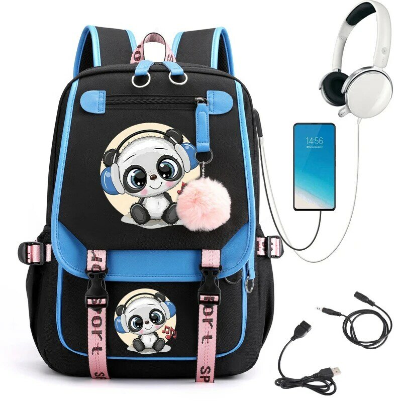 Cute Panda Mochila Escolar para Meninas, Anime Bookbag, Laptop Bagpack Viagem, Mochilas Kawaii, Bolsas Primárias para Estudantes