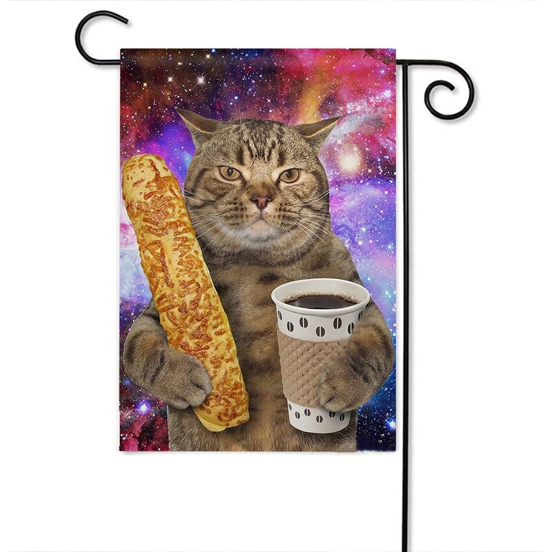 Gato engraçado Jardim Bandeira Vertical Double Sided Gatinho com Pão Café no céu estrelado Bonito Animal Casa Bandeira para a decoração ao ar livre Gramado