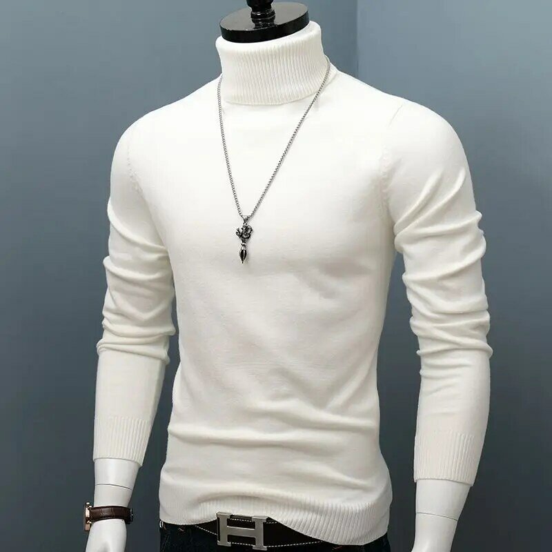 Camisola de malha de gola alta masculina, camisa de assentamento, pulôver fino, cor sólida quente, outono, inverno