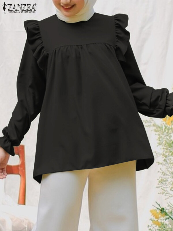 ZANZEA-Chemise de Ramadan pour Femme, Vêtement Islamique, Décontracté, Couleur Unie, Ourlet à Volants, à la Mode, Collection Automne