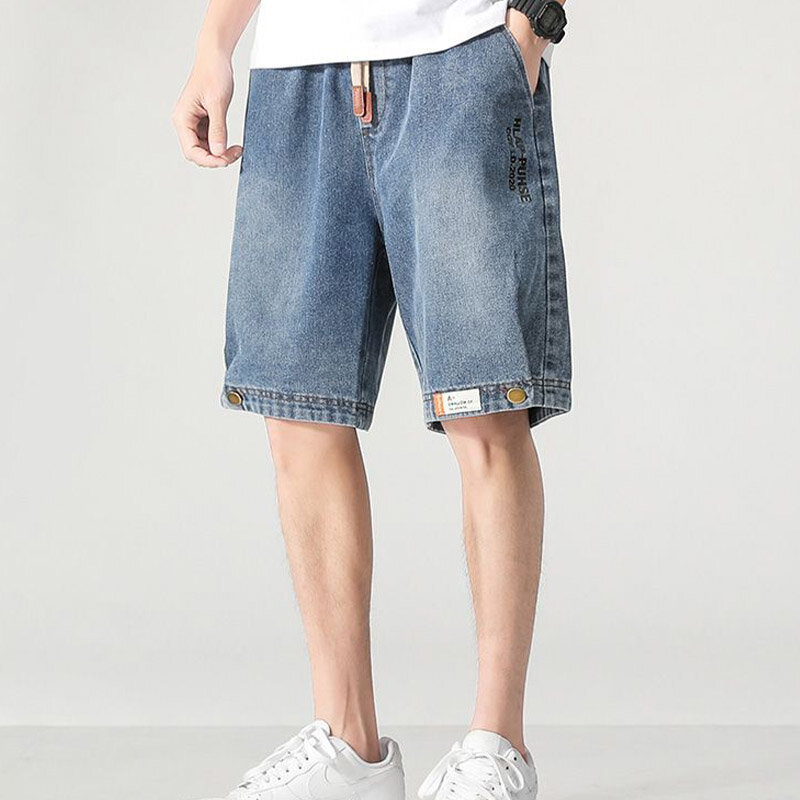 Calção jeans solto e respirável masculino, calça reta com cordão de praia, cintura elástica, estilo fino, verão, 5, 4
