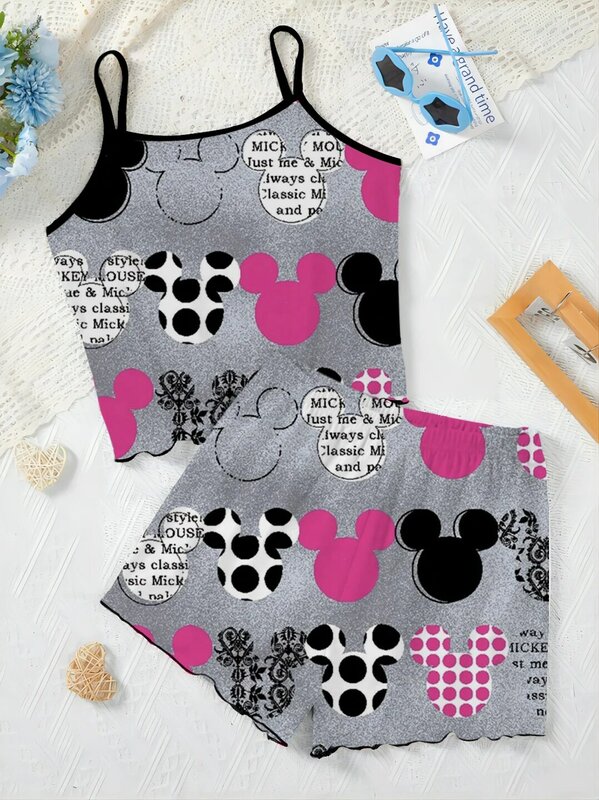 Disney-Conjunto de saia e camiseta feminina elegante de pijama, vestido caseiro, conjuntos curtos da Minnie Mouse, top de alface, Mickey Pieces