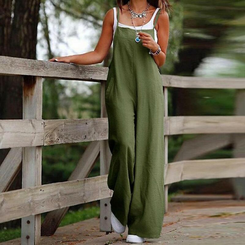 Plus Size Oversized Women's Solid Sleeveless Cotton Linen Pockets Playsuit Ladies Female Casual Rompers Jumpsuits Clothing 2024