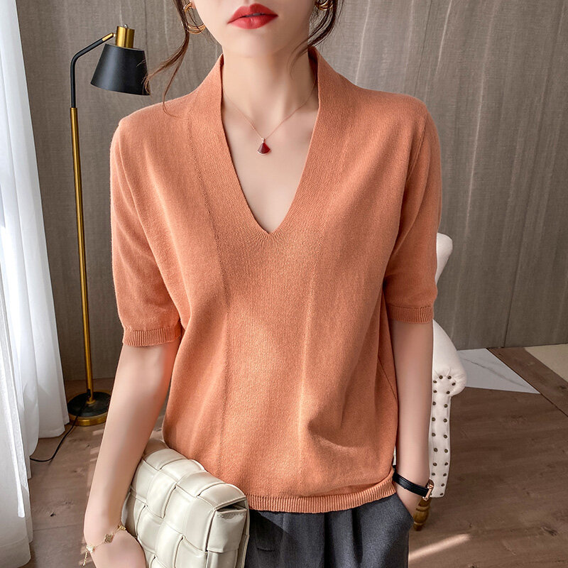 Women's Sweater 100% Cotton Short Sleeve Summer V-Neck Pullover Loose Korean Style Fashion T-Shirt Thin Outer  Wear Half  Sleeve
