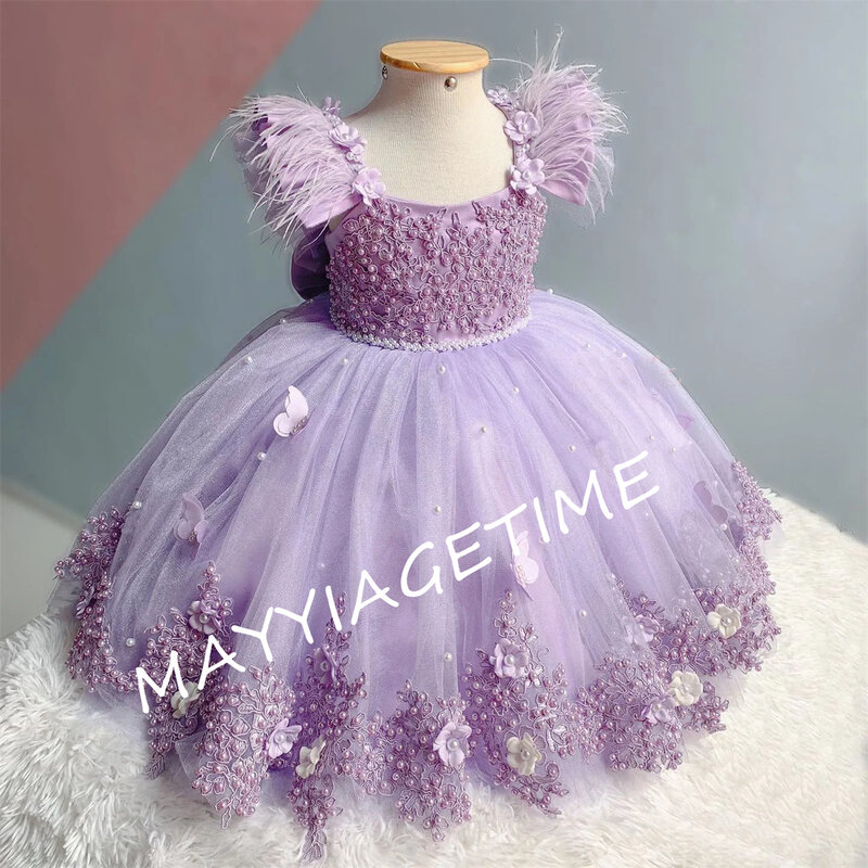 3D Butterfly Flower Puffy Tulle Dress, Pena com laço de pérolas, vestido de casamento roxo, festa de aniversário, luxo