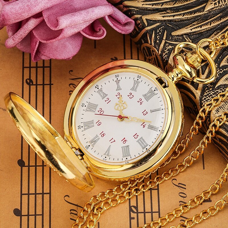 Jam tangan saku emas mewah ukiran, casing angka Romawi berongga untuk rantai Sweater Jam gerakan kuarsa Pria Wanita
