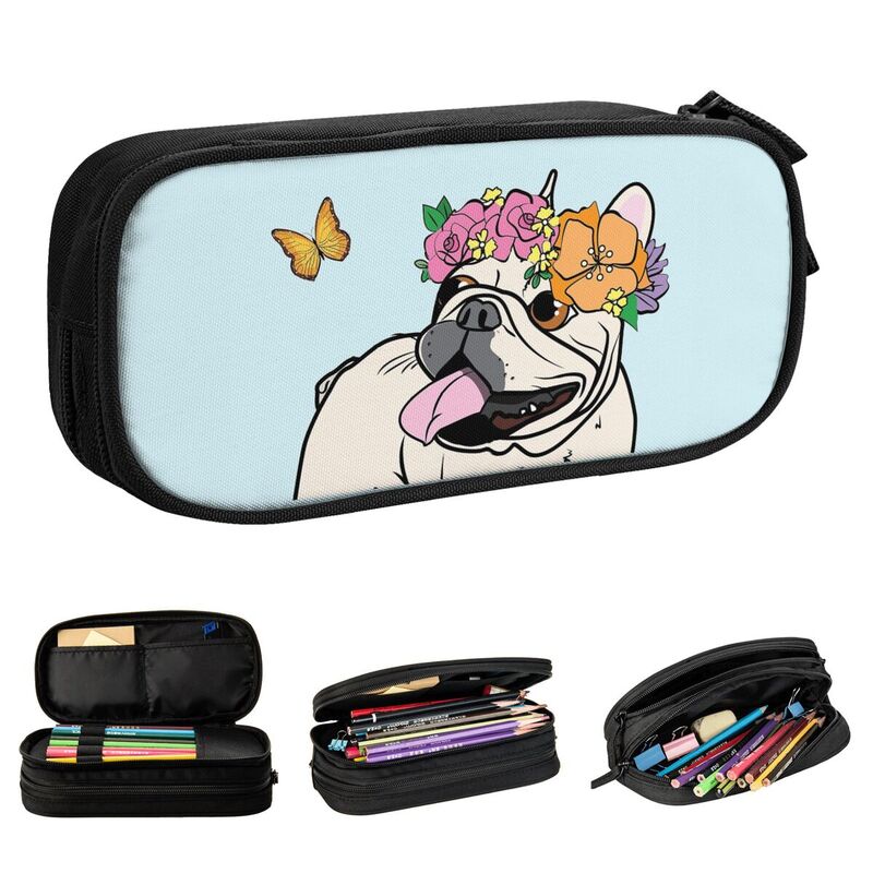 French Bulldog Butterfly Pencil Case Pet Frenchie Animal Pencilcases Pen Holder Big Capacity Bag Students School Gift Stationery