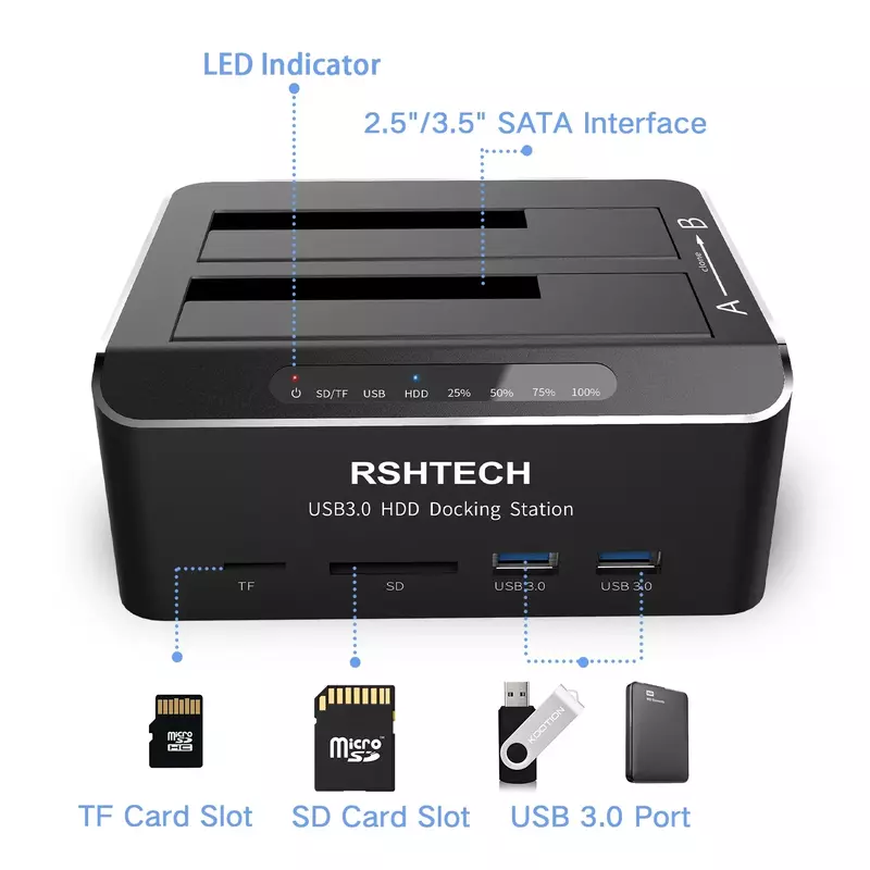 RSHTECH-HDD Docking Station, USB 3.0 para SATA, SSD Dock, Dual Bay, Gabinete de Disco Rígido Externo, Clone Offline, 2.5 ", 3.5"
