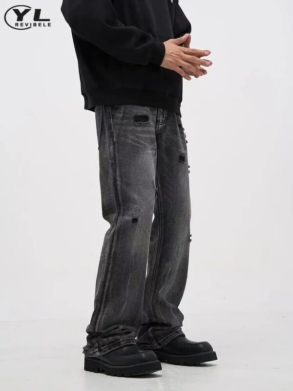 Główna ulica czarne dżinsy z dziurami męskie wiosenne jesienne luźne proste prane w stylu Vintage spodnie dżinsowe amerykańskie spodnie z szerokimi nogawkami