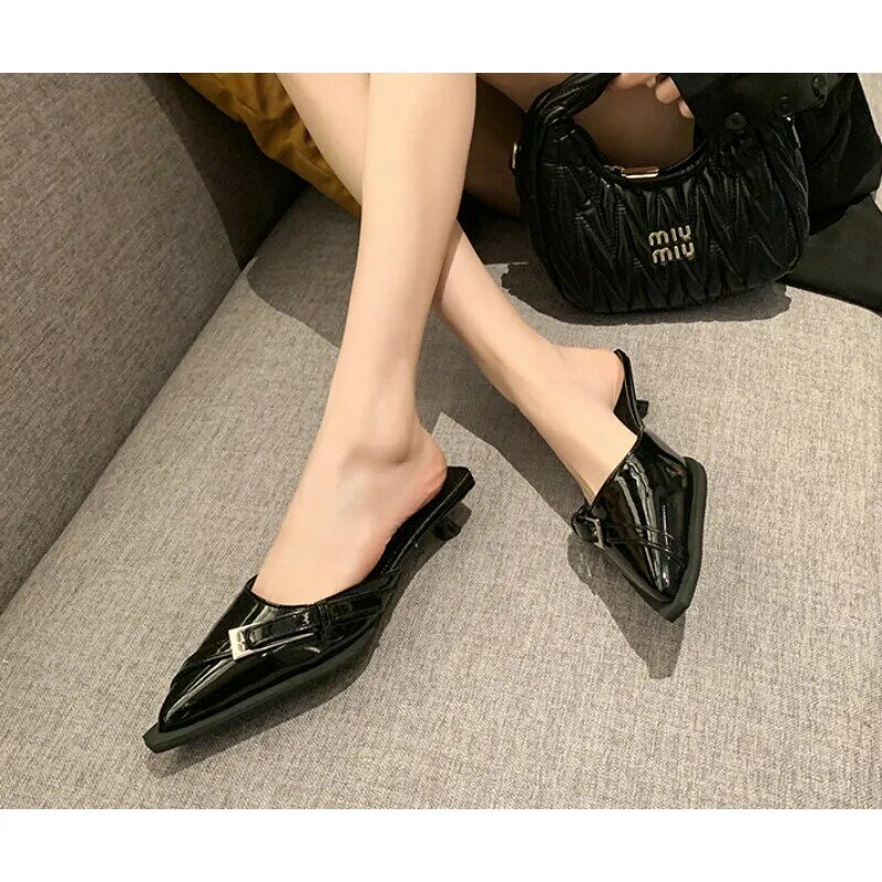 2024 Spring New Brand Women Slipper Fashion Pleated Round Toe Slip On Mules Shoes Round Toe Outdoor Dress Sandal Shoes