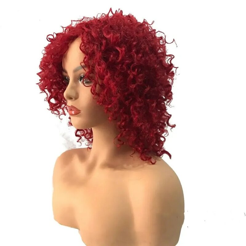Curly Human Hair Wigs Wine Red Brazilian Remy Deep Wave Synthetic Wigs Full Synthetic Wig