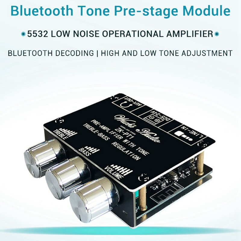 Placa decodificadora Bluetooth 5,0, estéreo de doble canal, bajo ruido, premódulo de tono alto y bajo, placa ZK-PT1 amplificadora, 2 unidades