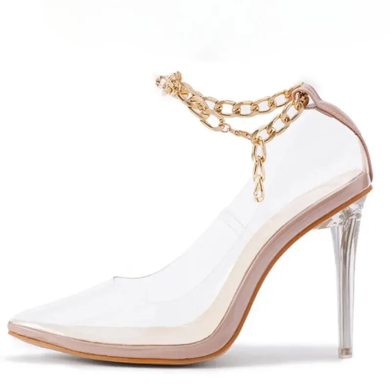 Sandalias De tacón alto con cadena De Metal para Mujer, Zapatos transparentes De cuero PU, Punta puntiaguda, Sexy, novedad De verano