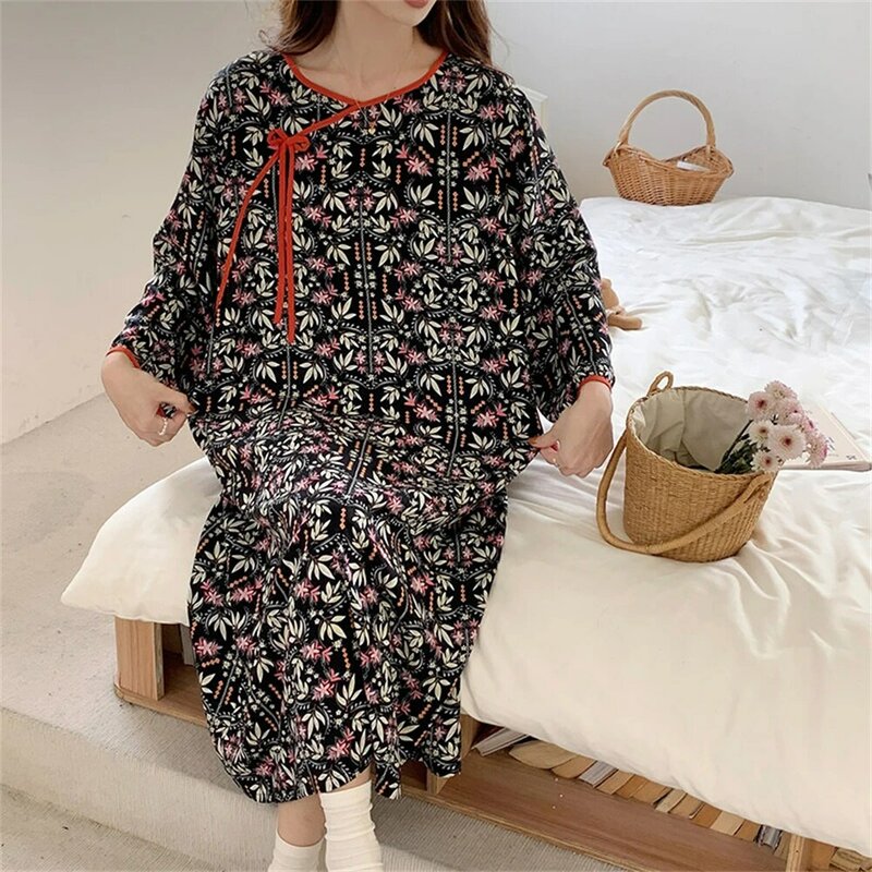 Ladies Loose Nightdress Women Summer Long Sleeve Nightgown Chinese Style Printing Sleepwear Large Size Breathable Homewear Dress