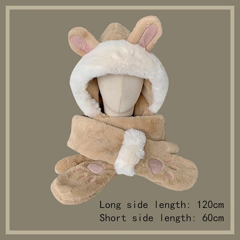 Brimlessウサギのぬいぐるみの帽子のスカーフと手袋のセット、暖かい骨のキャップ、快適な毎日のウェア、かわいい、冬
