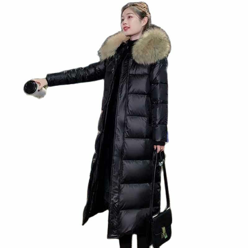 Black Temperament Long White Duck Down  Foat Female Tide Ins2022 Winter New Hooded Loose Slimming Tooling Warm Coat Female