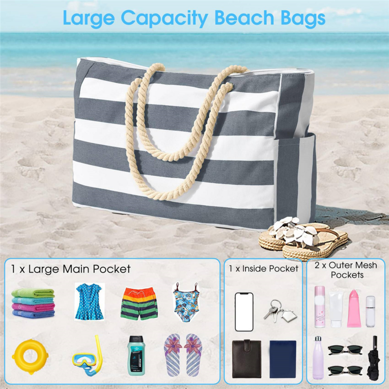 حقيبة شاطئ قابلة للطي ، حقيبة سباحة مضادة للماء ، حقيبة حمام سباحة ، حقيبة تسوق ، لون رمادي