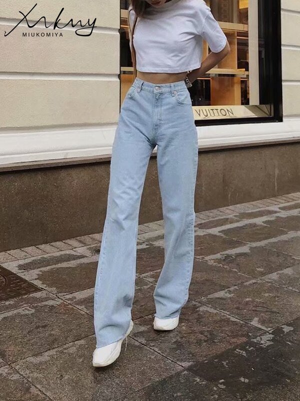 MiuKoMiYa – jean en Denim bleu clair pour femme, pantalon à jambes larges, taille haute, Streetwear, blanc, 2023