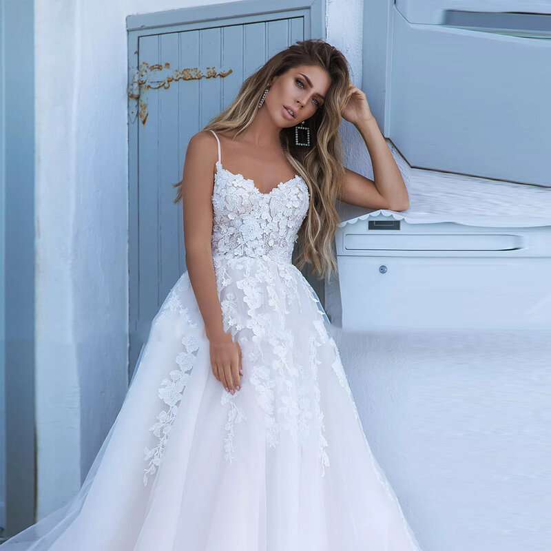 2024 seksowne białe suknie ślubne o linii a dla kobiet z koronkowym kwiatowym nadrukiem suknie ślubne nowoczesne jasne, mopujące długość Vestidos De Novias