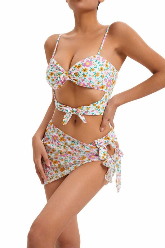 2024 baru pakaian renang wanita satu potong seksi motif bunga baju renang dengan rok sarung Bandeau dasi kupu-kupu pakaian mandi berongga Monokini