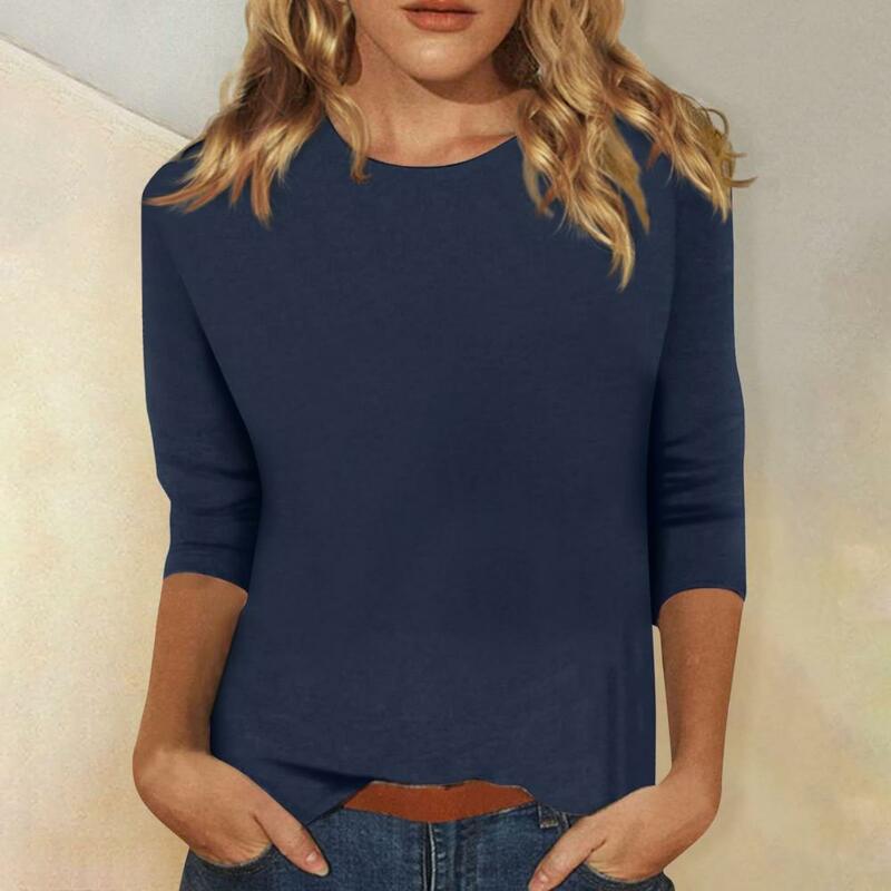 Универсальный женский топ, стильная женская Повседневная футболка из коллекции, пуловер с круглым вырезом и рукавом 3/4, топы, однотонный облегающий топ для повседневного ношения