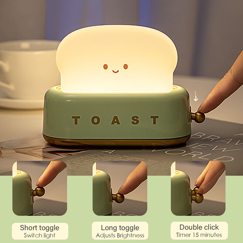 Toast Cartoon LED Night Light Cute Home Decor Kawaii Bread Table Lamps Night Breastfeeding Portable Light with Timer Tiny Lamp