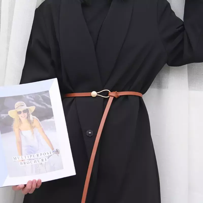 여성용 얇은 매듭 장식 벨트, 블랙 커피 컬러 허리띠, PU 허리 벨트, 드레스 스웨터 오버코트 패션
