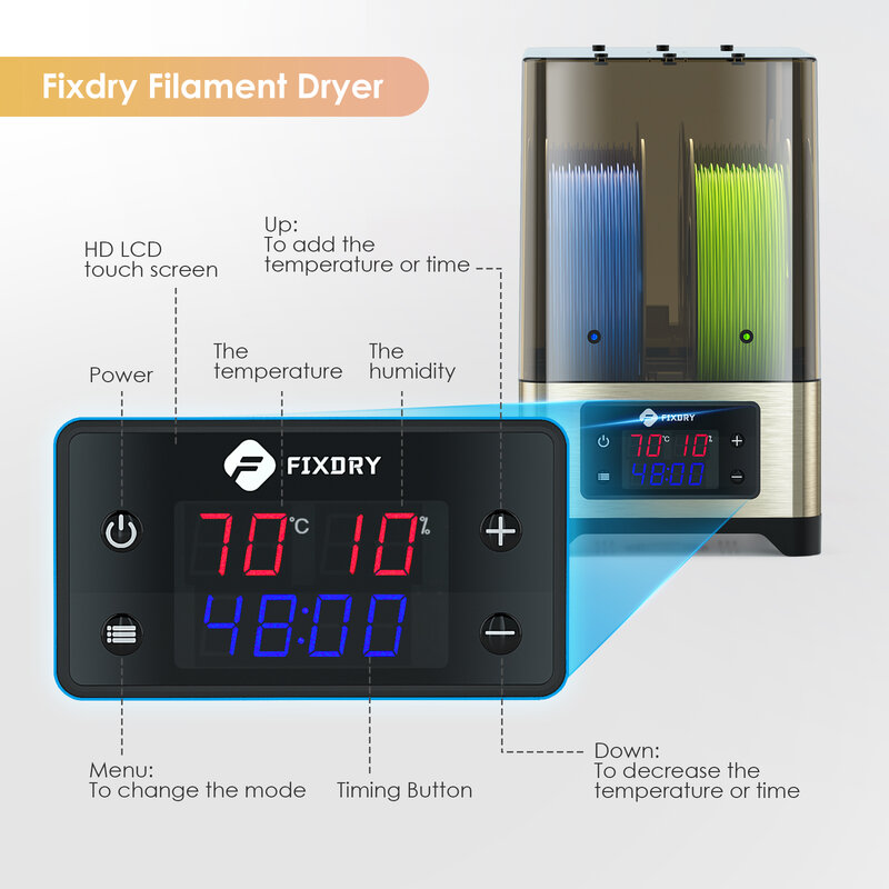 FIXDRY-3D Filamento Secador de Caixa Seca, Rápido, Extra Grande, Alta Temperatura, Compatível com 1.75mm, 2.85mm, 3.00mm